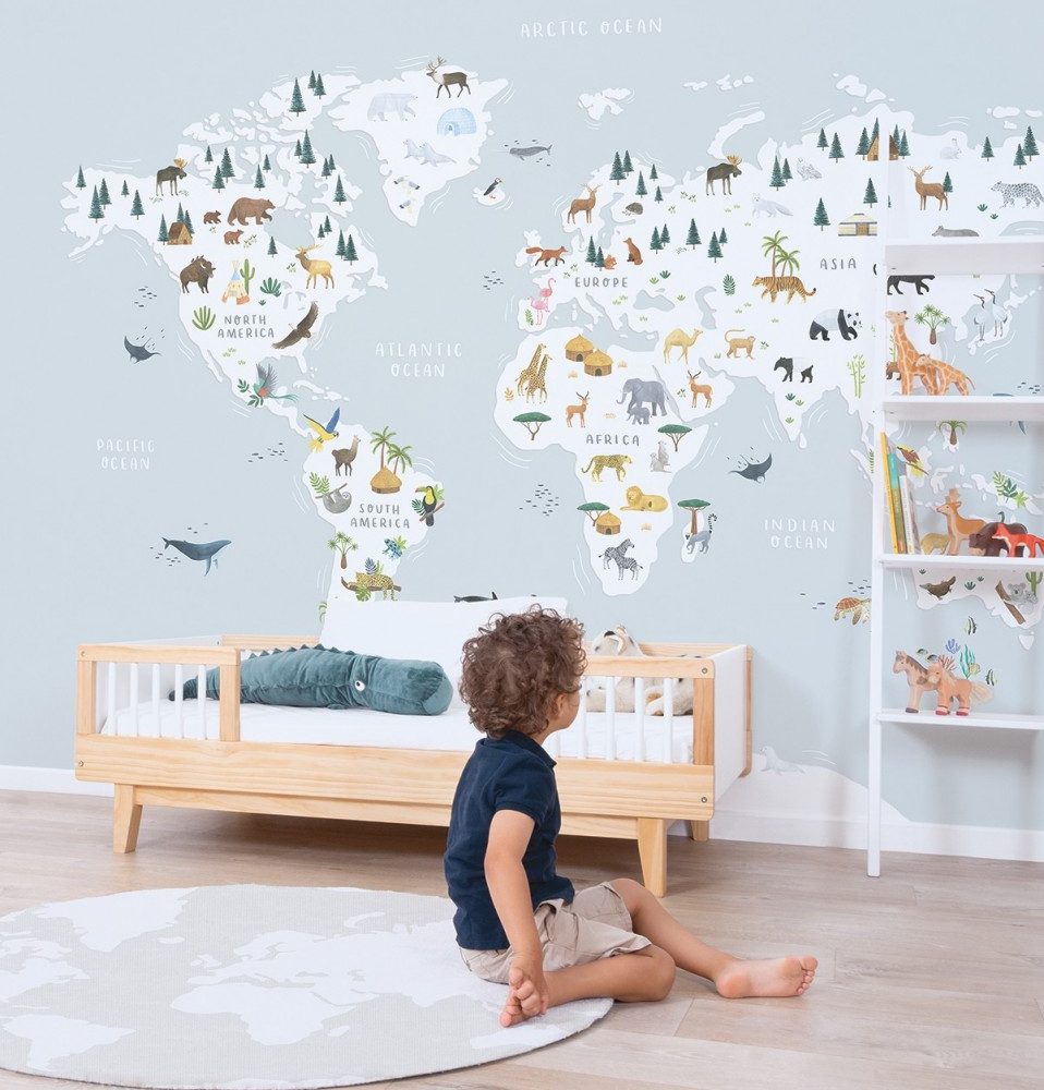 living earth animals map wallpaper for kids & nursery room